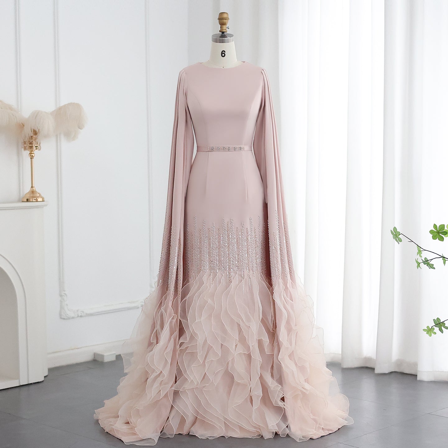 SC017 Pink Cape Ruffle Dress