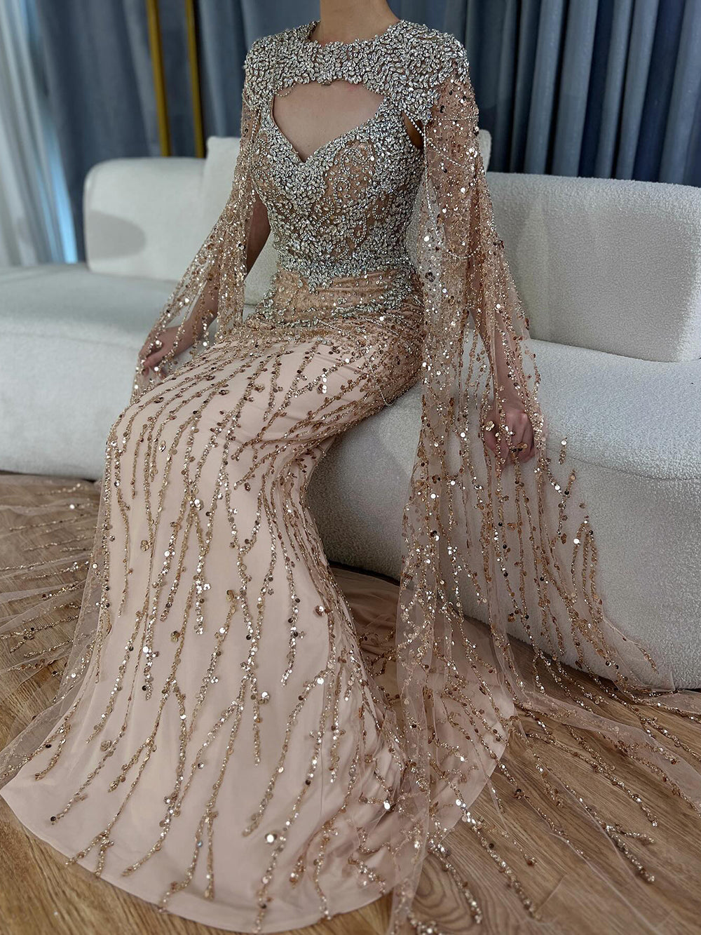 SC006 Gold Beaded Dress Cape  Evening Gown