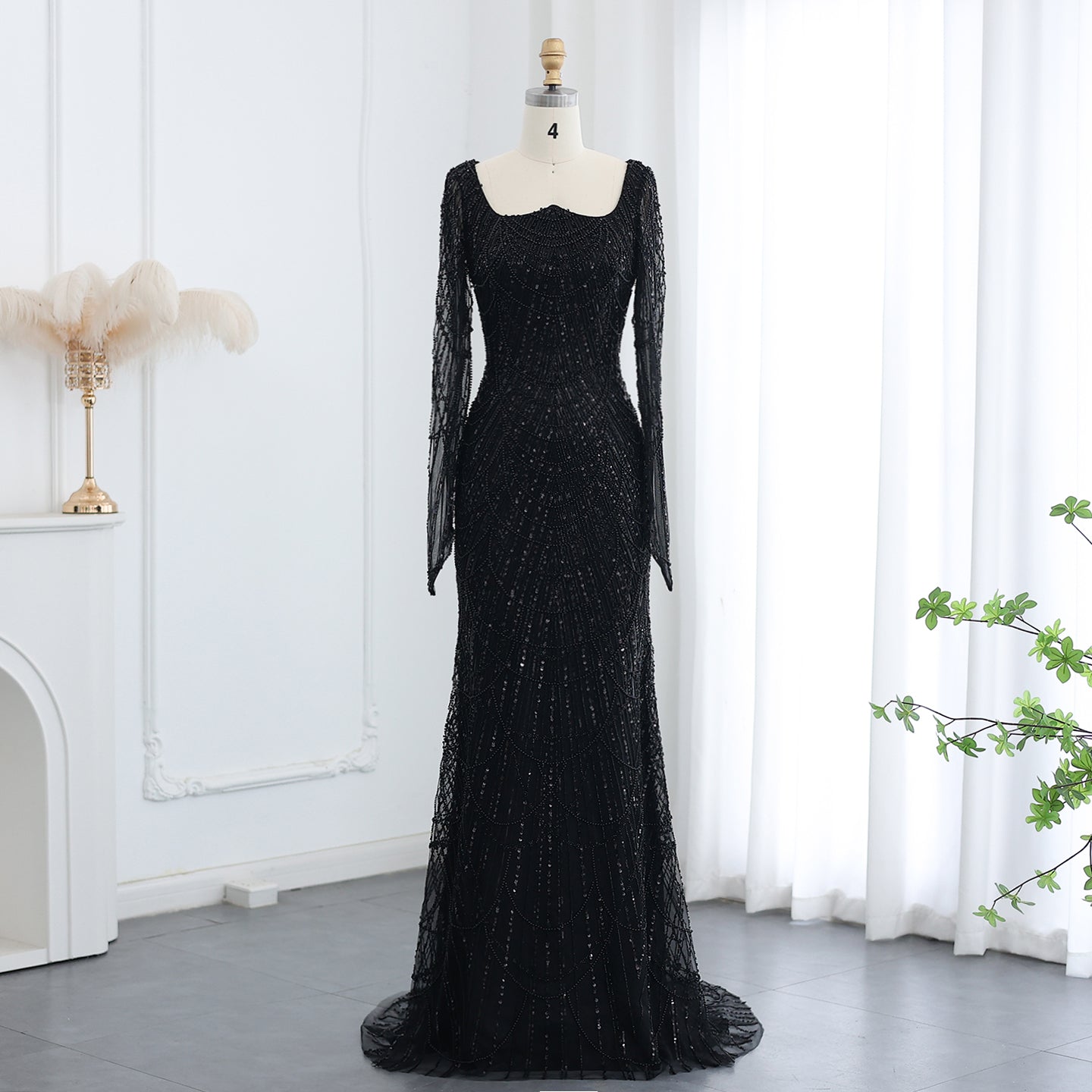 SC031 Black Long Sleeve Beaded Evening Dress