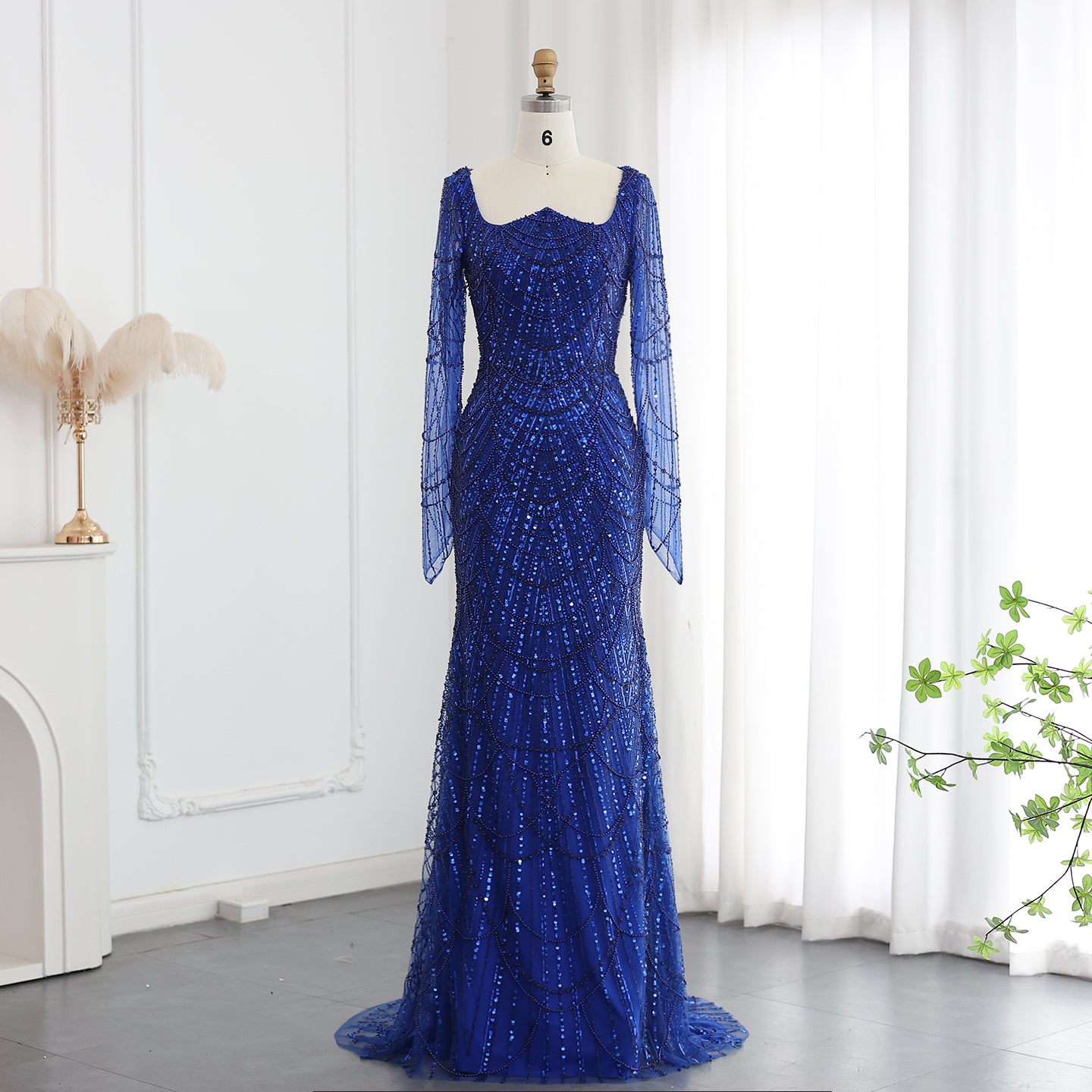 SC031 Royal Blue Long Sleeve Beaded Evening Dress