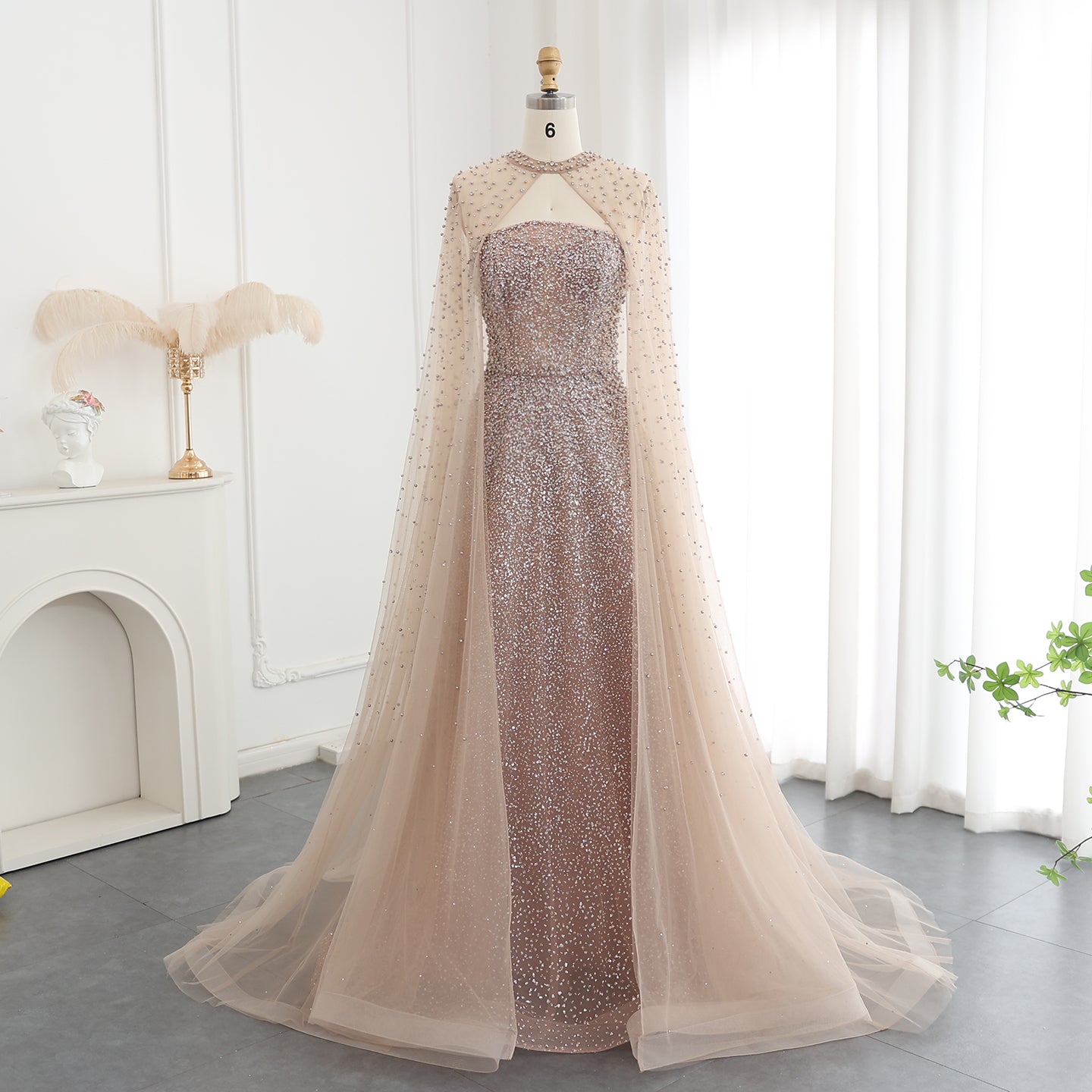 SC012 Nude Rhinestone Gold Long Sleeve Dress Cape