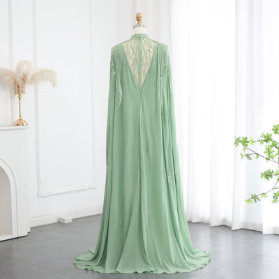 SC030 Modest Green Beaded Dress Cape Evening Gown