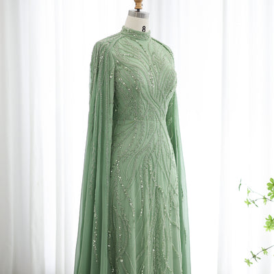 SC030 Modest Green Beaded Dress Cape Evening Gown