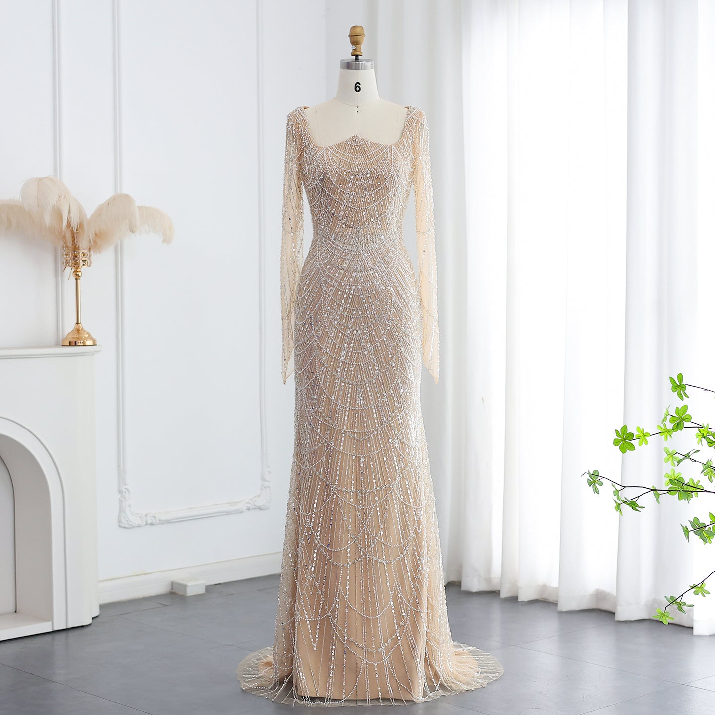 SC05100 Nude Long Sleeve Beaded Evening Dress