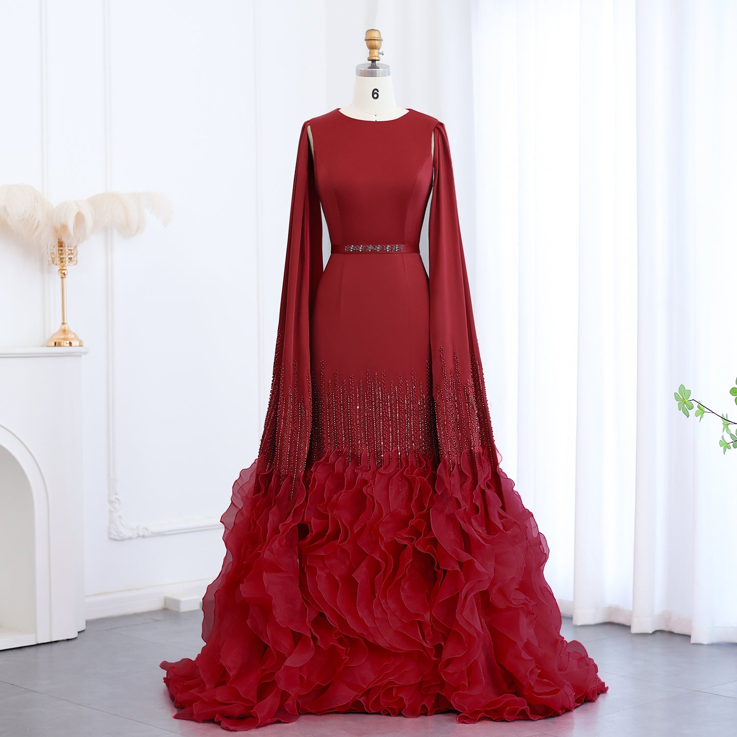 SC017 Red Cape Ruffle Dress