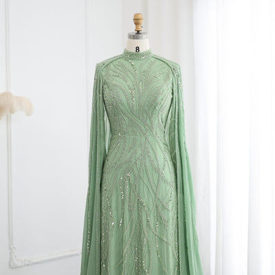 SC030 Modest Green Beaded Dress Cape Evening Gown