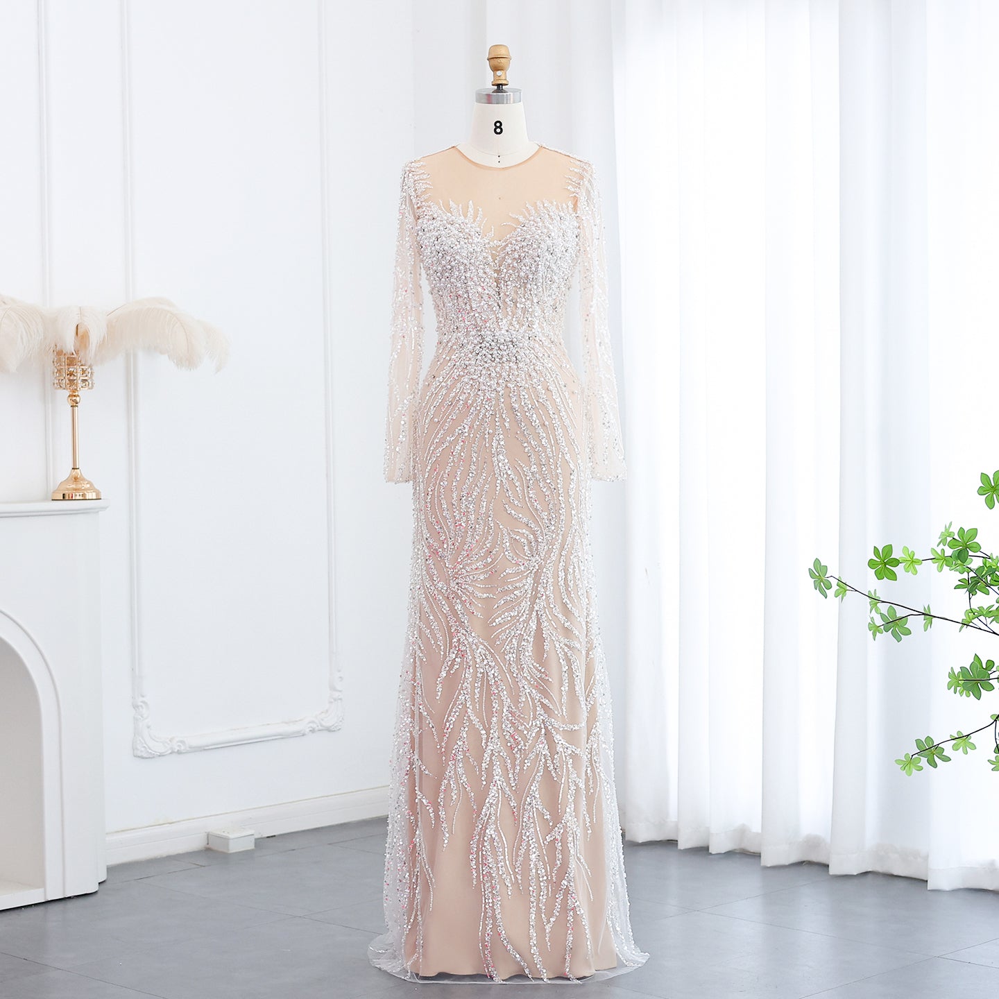 SC05191 Beige Beaded Crystal Long Sleeve Evening Dress