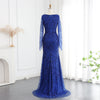 SC031 Royal Blue Long Sleeve Beaded Evening Dress