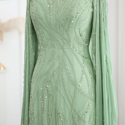 SC030 Modest Green Beaded Dress Cape Evening Gown