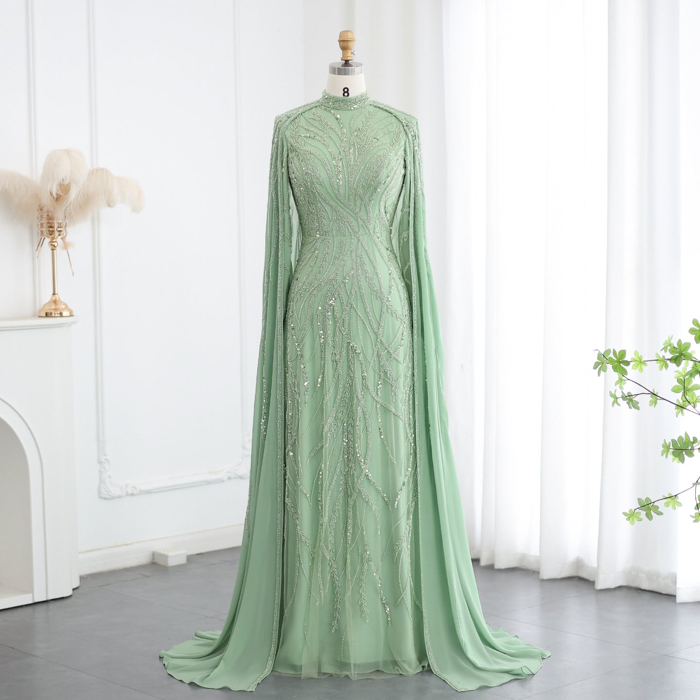 SC030 Modest Green Beaded Dress Cape Evening Gown