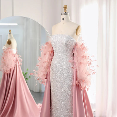 SC019 Silver Pink Feather Cape Gown