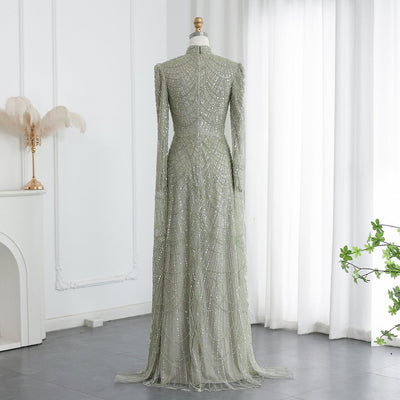 SC016 Modest Flowy Beaded Dress Cape Evening Gown