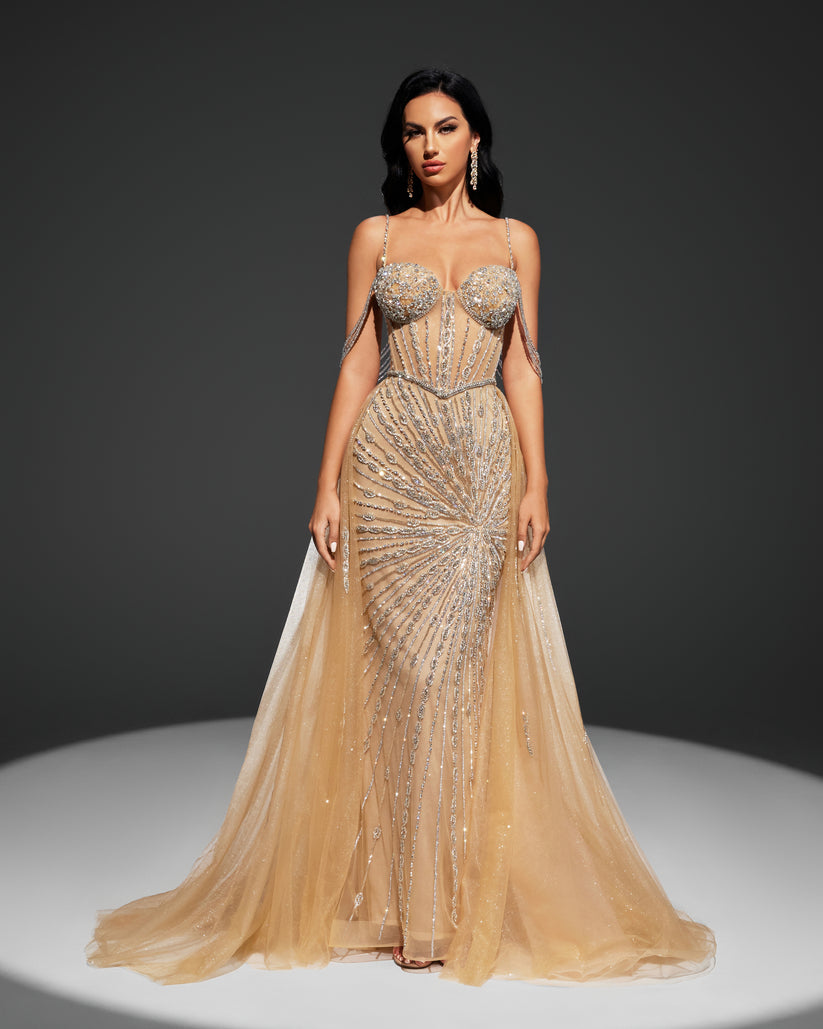 SC022 Nude Rhinestone Beaded Dress Overskirt Evening Gown