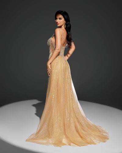 SC022 Nude Rhinestone Beaded Dress Overskirt Evening Gown