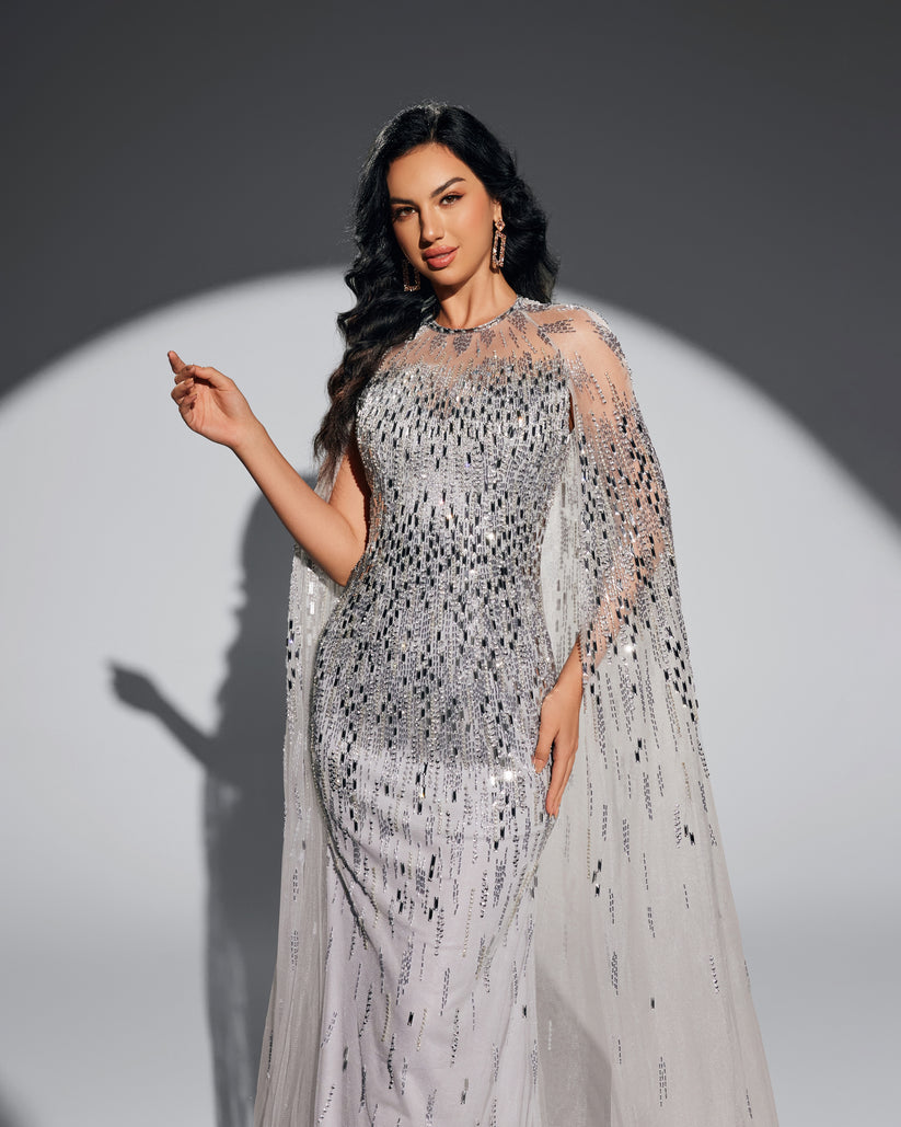 SC014 Rhinestone Cape Modest Evening Dress