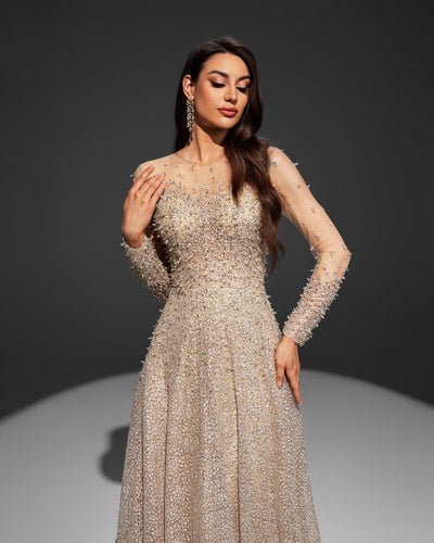 SC003 Champagne Long Sleeve Beaded Ball Gown Modest Dress