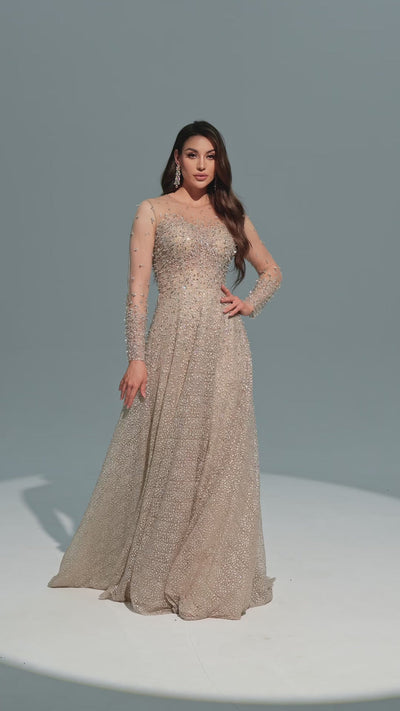 SC003 Champagne Long Sleeve Beaded Ball Gown Modest Dress