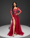 SC034 High Split Evening Dress Elegant Long Overskirt Beaded