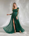 SC034 High Split Evening Dress Elegant Long Overskirt Beaded