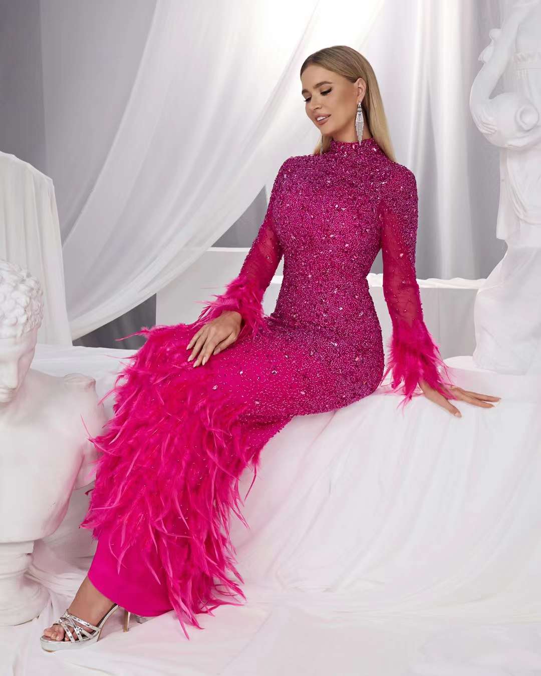 SC015 Pink Beaded Rhinestone Feather Long Sleeve Dress