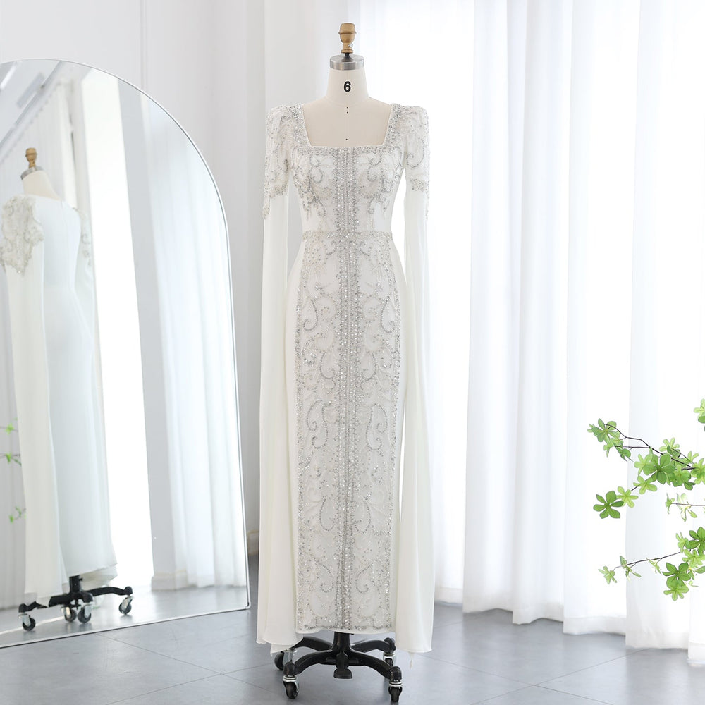 SC036 White Beaded Cape Sleeve Dress