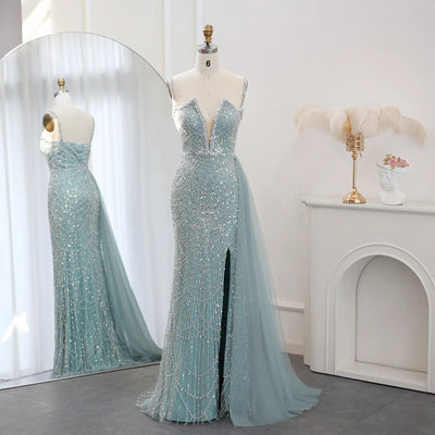 SC005 Beaded Strap V Pearl High Split Evening Dress