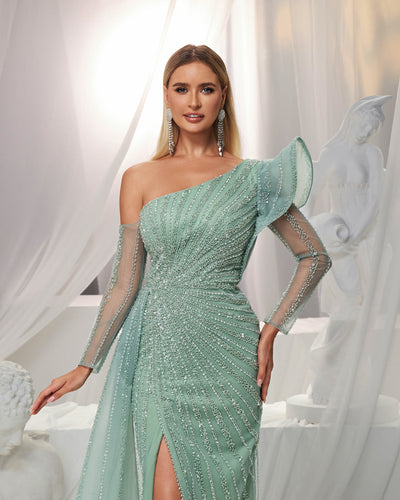 SC045 Crystal Long One Shoulder Evening Dress