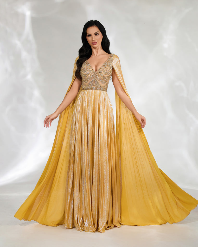 SC054 Gold Cape Sleeve Formal Evening Dress