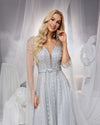 SC051 Silver Long Sleeve Cape Beaded Evening Dress