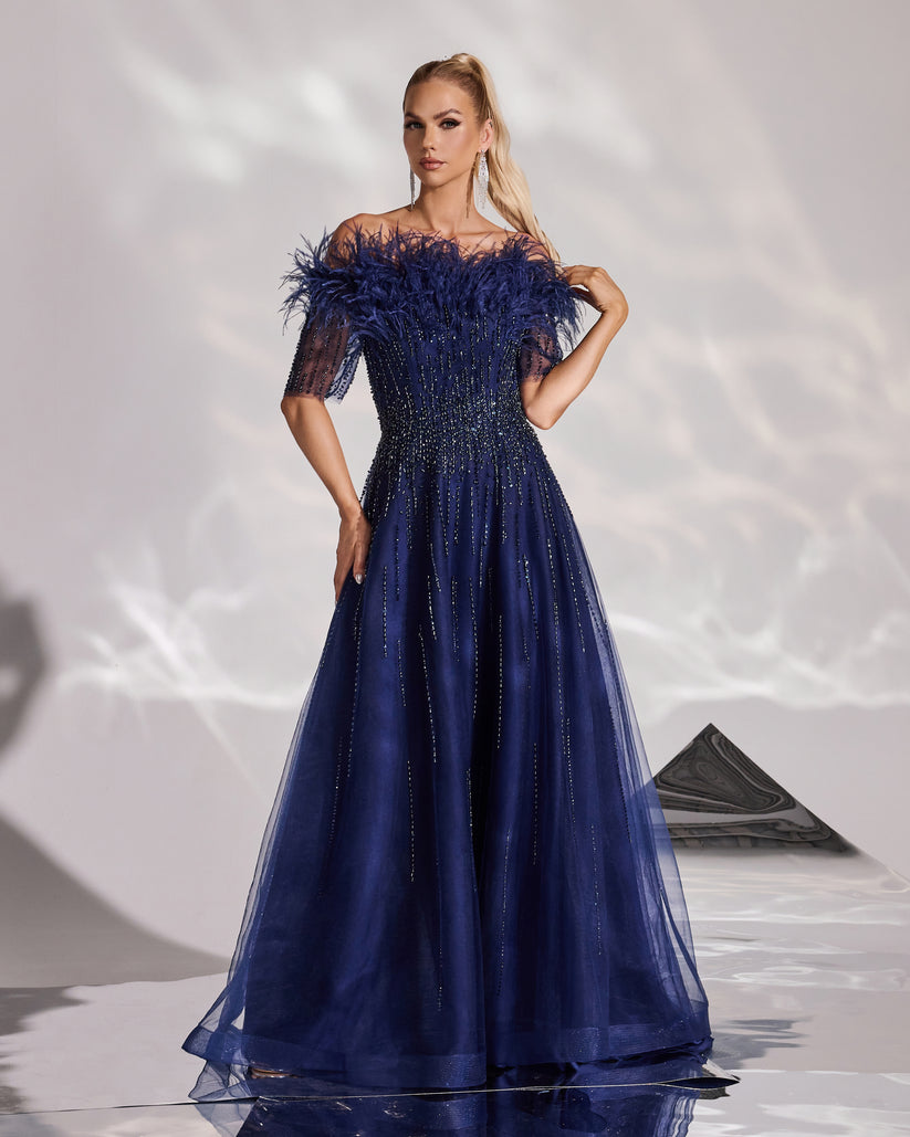 SC046 Royal Blue Long Sleeve Beaded Evening Dress