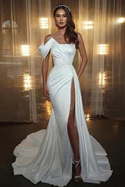 SC041 White Beaded Crystal Long Off Shoulder Wedding Dress