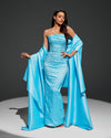 SC053 Strapless Satin Cape Beaded Evening Dress