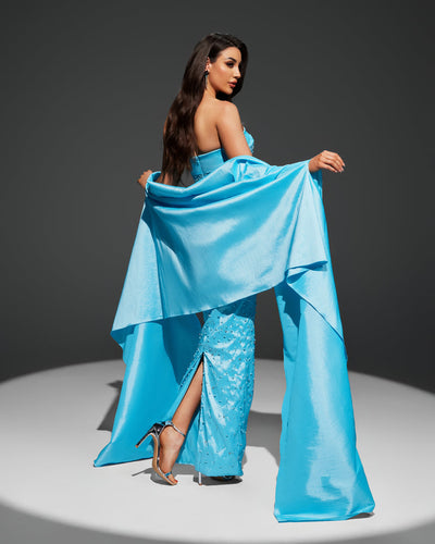 SC053 Strapless Satin Cape Beaded Evening Dress