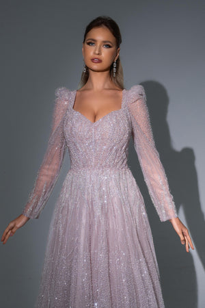 SC028 Long Sleeve Beaded Ball Gown