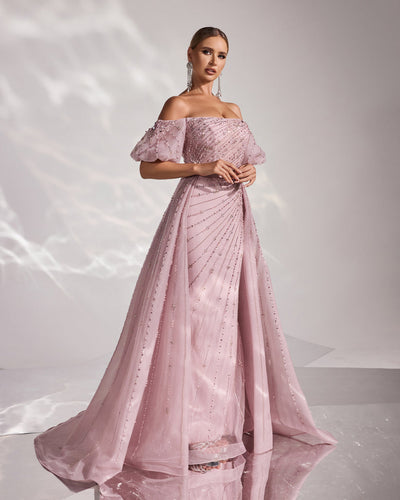 SC029 Off Shoulder  Pink Beaded Evening Dress