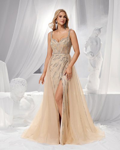 SC043 Beaded Crystal Long Strap Evening Dress