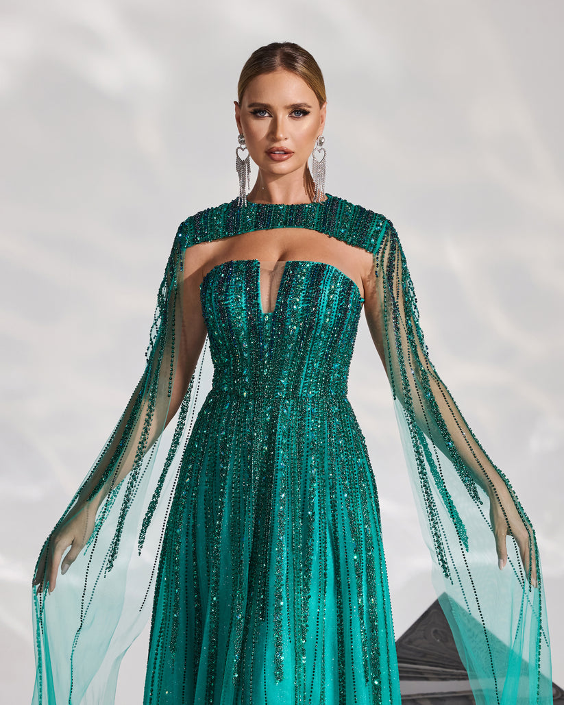 SC033 Beaded Green Blue Evening Dress Elegant