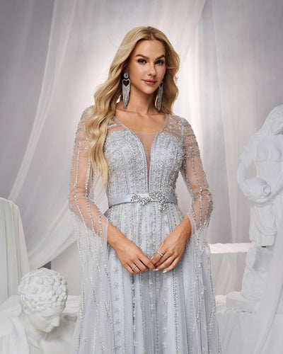 SC051 Silver Long Sleeve Cape Beaded Evening Dress