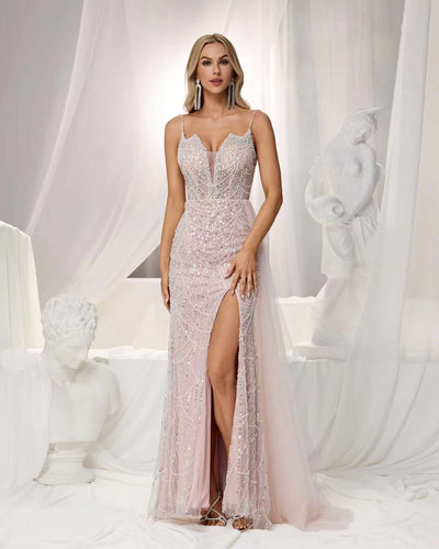 SC005 Beaded Strap V Pearl High Split Evening Dress