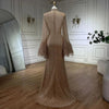 SC014 Nude Gold Feather Sleeve Dress