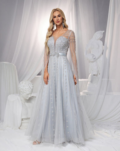 SC051 Silver Long Sleeve Cape Beaded Evening Dress