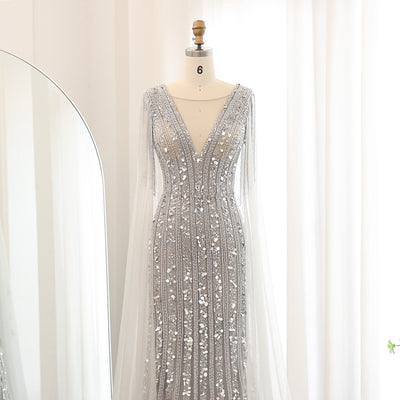 SC029 Silver Beaded Cape Dress