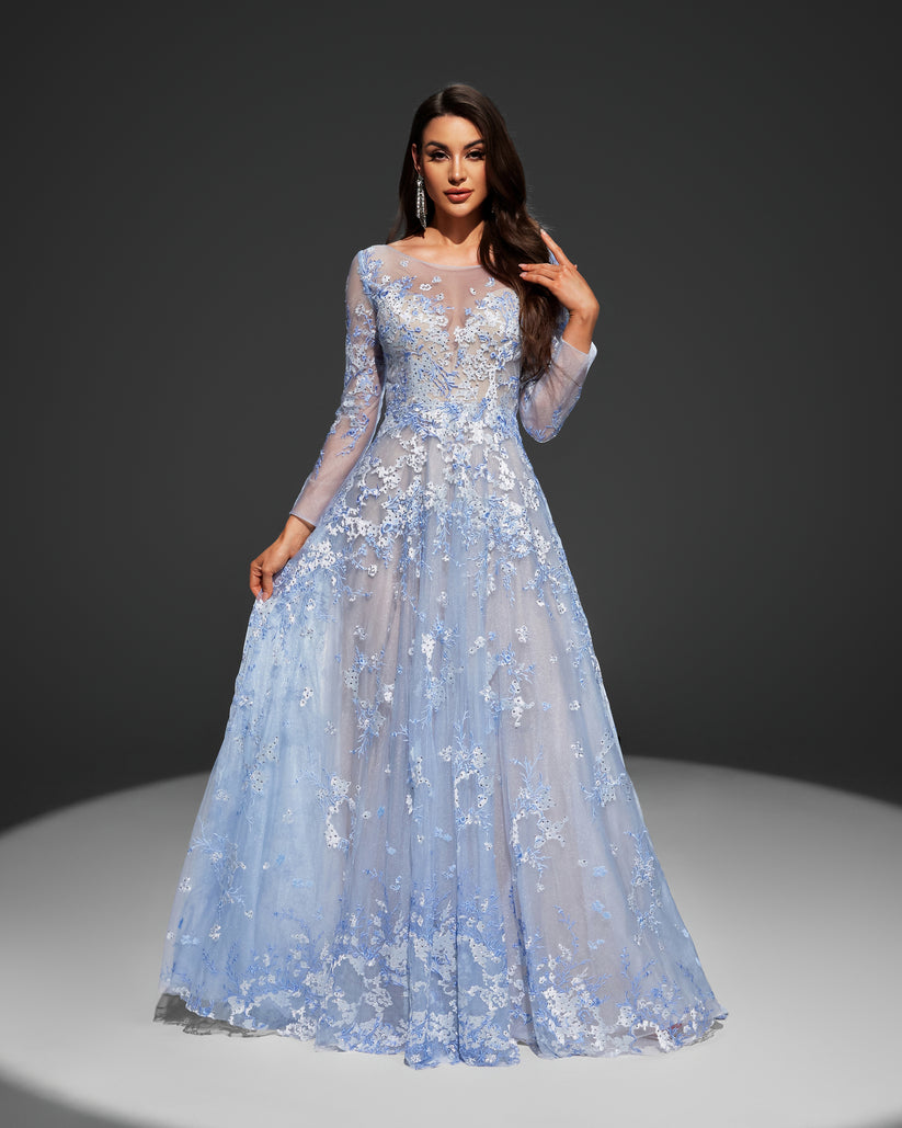 SC055 Blue Floral Beaded Long Sleeve Ball Gown