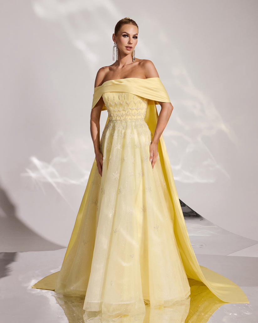 SC050 Off Shoulder Long Cape Beaded Ball Gown