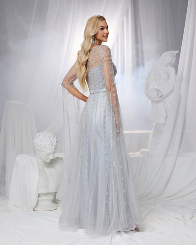 SC051 Silver Long Sleeve Cape Beaded Evening Dress