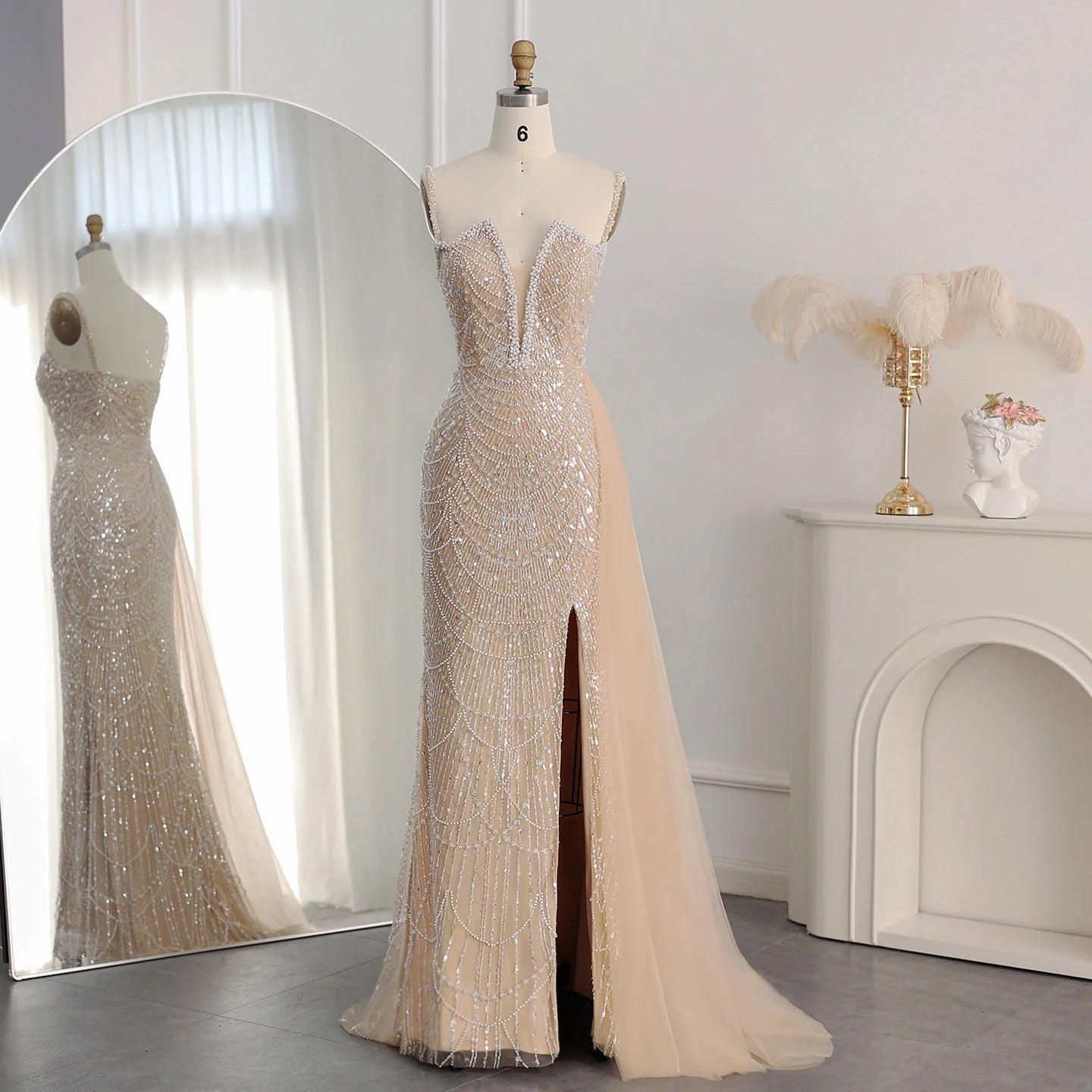 SC016 Beaded Strap V Pearl High Split Evening Dress