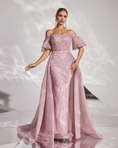 SC029 Off Shoulder  Pink Beaded Evening Dress