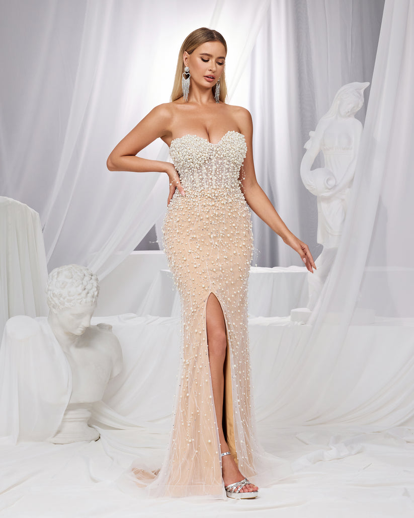 SC047 Pearl Long Sweetheart Beaded Evening Dress