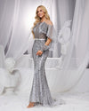 SC028 Silver Grey Sleeve Beaded Formal Dress