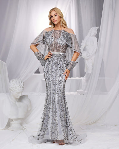 SC028 Silver Grey Sleeve Beaded Formal Dress